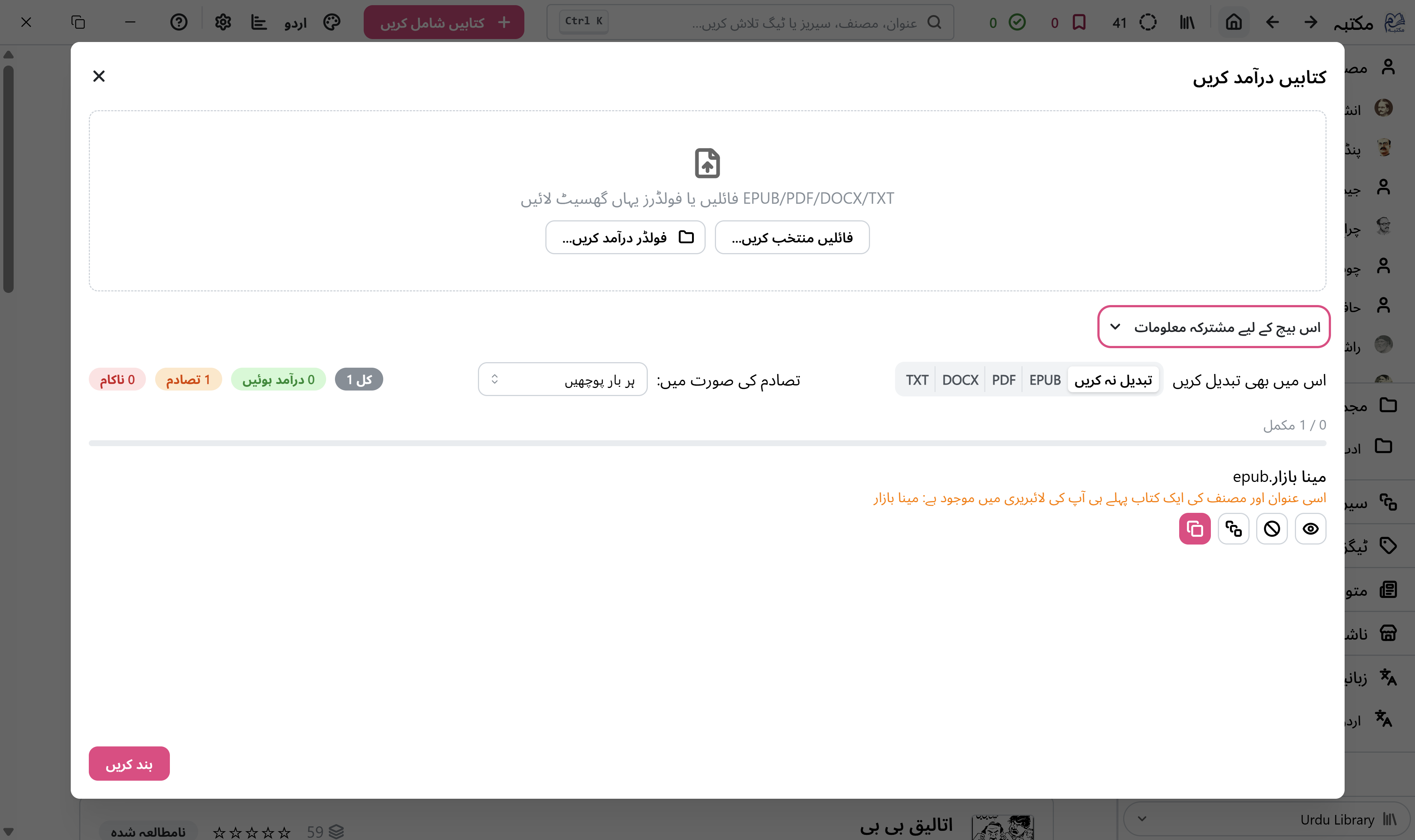 اسکرین شاٹ: امپورٹ کے اختیارات